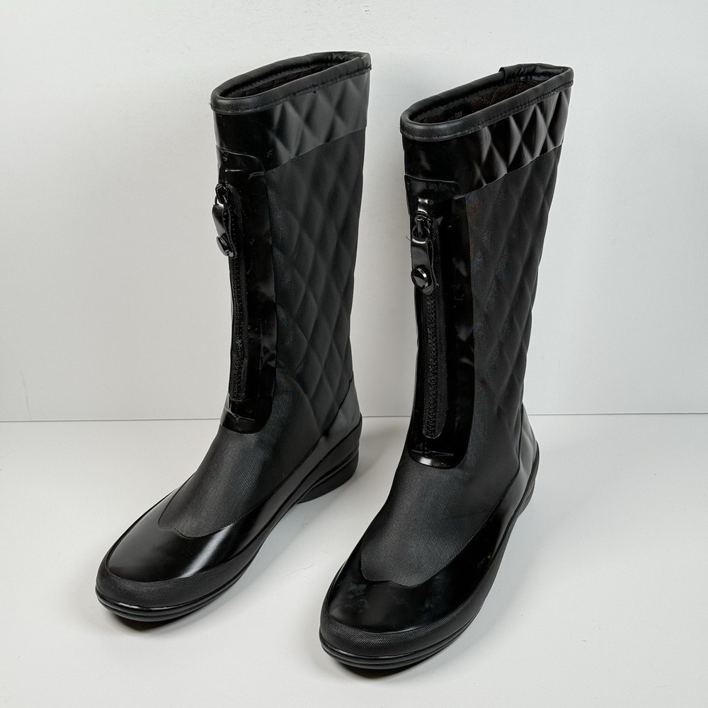 London Fog Women 9M Tribeca Black Tall Rain Boots Quilted Zipper